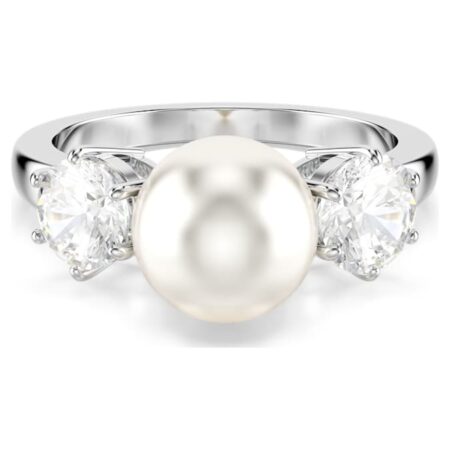 Matrix cocktail ring Crystal pearl, Round cut, White, Rhodium plated 58
