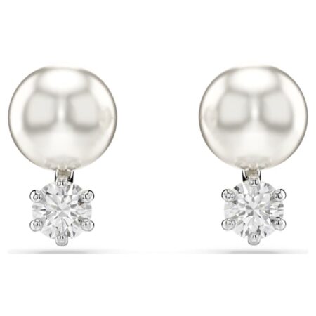Matrix stud earrings Crystal pearl, Round cut, White, Rhodium plated