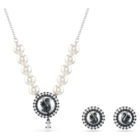 Swarovski Swan set Crystal pearl, Swan, Gray, Rhodium plated
