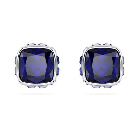 Birthstone stud earrings Square cut, September, Blue, Rhodium plated