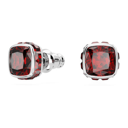 Birthstone stud earrings Square cut, January, Red, Rhodium plated