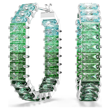 Matrix hoop earrings Baguette cut, Octagon shape, Color gradient, Green, Rhodium plated