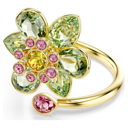 Idyllia open ring Mixed cuts, Flower, Green, Gold-tone plated 52