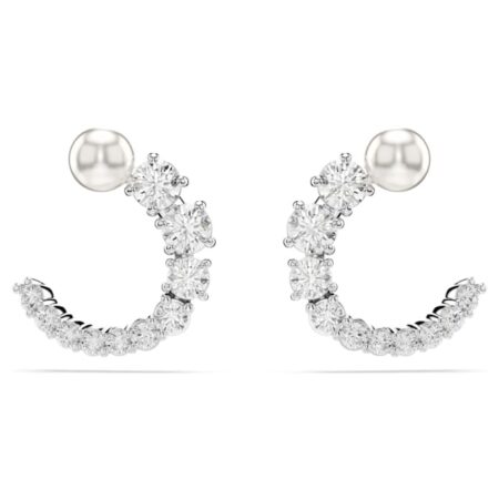 Matrix hoop earrings Crystal pearl, Round cut, White, Rhodium plated