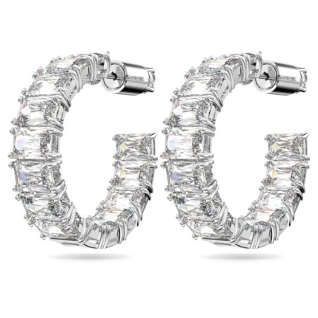 Matrix hoop earrings Octagon cut, White, Rhodium plated
