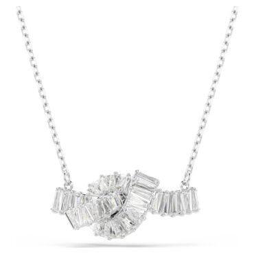 Matrix pendant Baguette cut, Knot, White, Rhodium plated