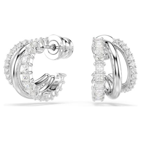 Hyperbola hoop earrings Round cut, Mini, White, Rhodium plated