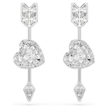Idyllia drop earrings Mixed cuts, Heart with arrow, White, Rhodium plated