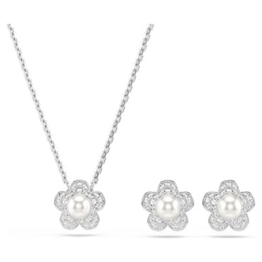 Ariana Grande x Swarovski set Crystal pearl, Round cut, Flower, White, Rhodium plated