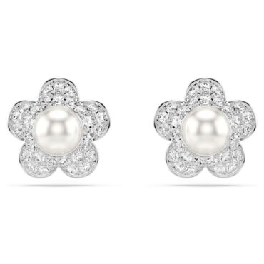 Ariana Grande x Swarovski stud earrings Crystal Pearl, Round cut, Flower, White, Rhodium plated