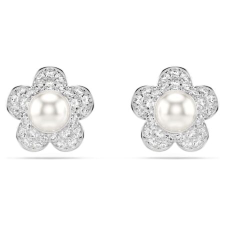 Ariana Grande x Swarovski stud earrings Crystal Pearl, Round cut, Flower, White, Rhodium plated