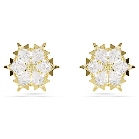 Magic stud earrings Mixed cuts, Snowflake, White, 18K gold plated