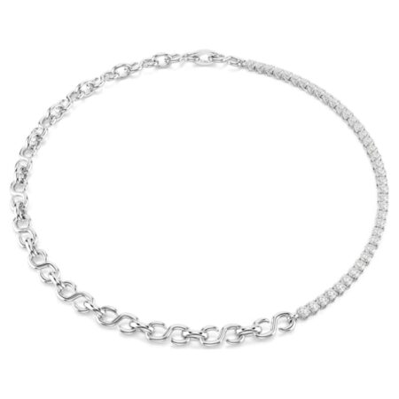 Matrix necklace S-shape, Round cut, White, Rhodium plated