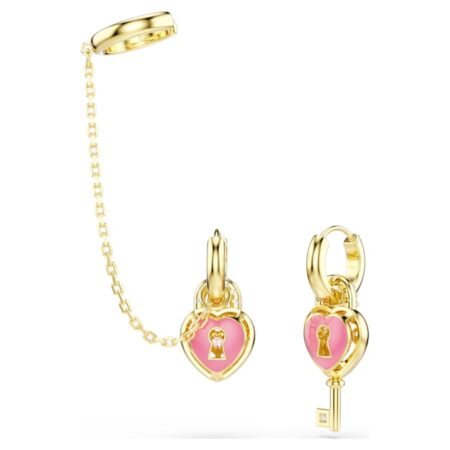 Idyllia drop earrings with ear cuff Mixed cuts, Heart with key, Pink, 18K gold plated