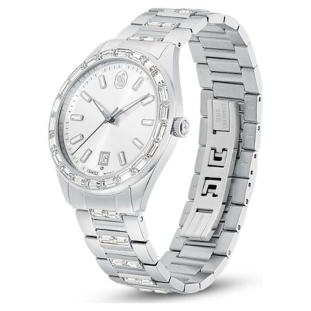 Matrix date watch Swiss Made, Metal bracelet, Silver tone, Stainless steel